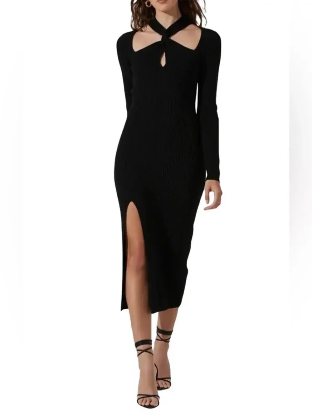 Astr Black Long-Sleeve Cutout Midi Dress with Front Slit